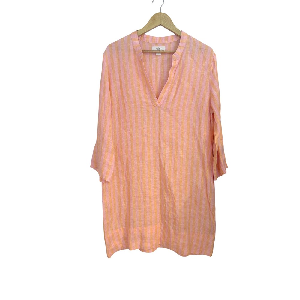 Trovata Birds of Paradis Lucca Linen Shirt Dress Pink Orange Stripe Womens Large